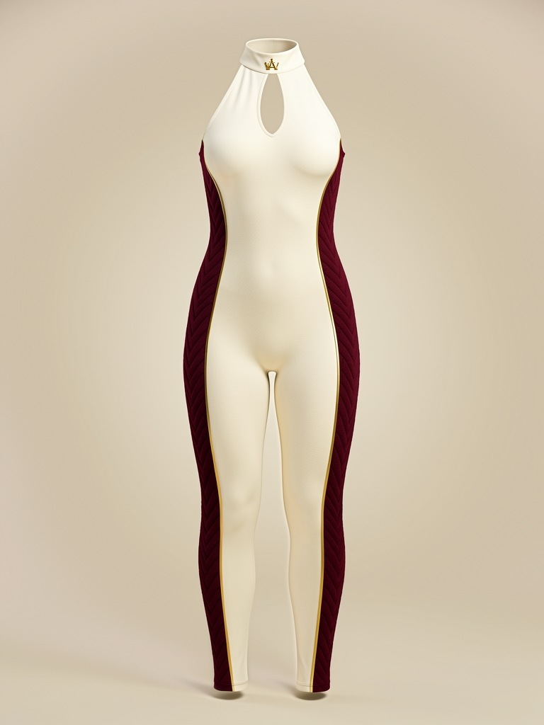 Women's Signature Bodysuit — ivory halter catsuit with quilted oxblood side panels, gold piping and a gold collar emblem