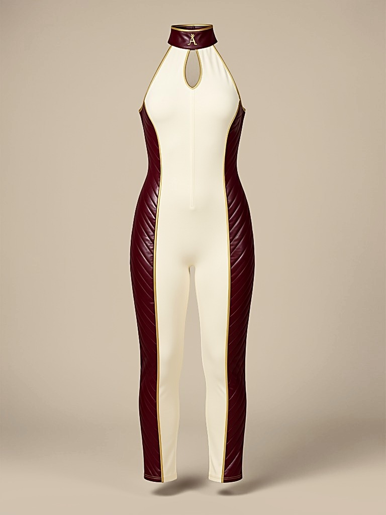 Women's Signature Bodysuit — ivory halter catsuit with chevron-quilted oxblood leather side panels, gold piping and a burgundy leather collar carrying a gold crowned-Æ crest