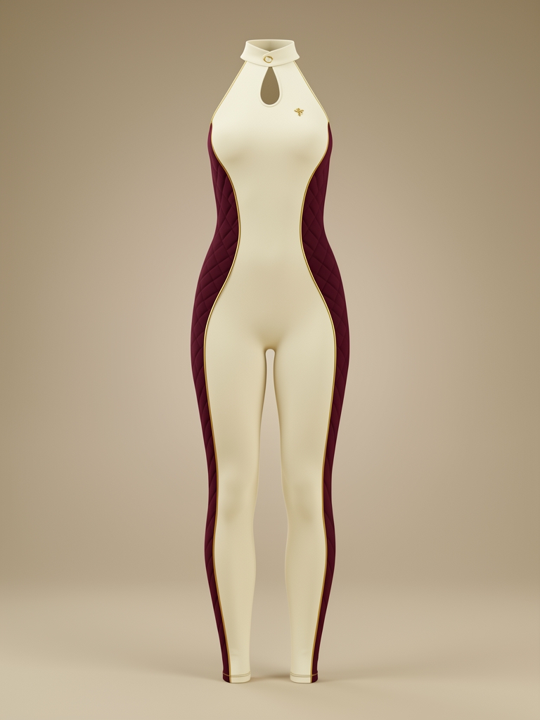 Women's Signature Bodysuit — ivory halter catsuit with quilted oxblood side panels, gold piping and a gold collar emblem