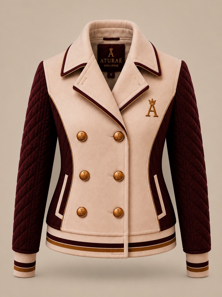 Tailored Peacoat / Varsity Hybrid — ivory double-breasted body with burgundy-trimmed notch lapels and pockets, gold buttons, a gold crowned-A chest crest, chevron-quilted oxblood sleeves and a striped varsity rib hem