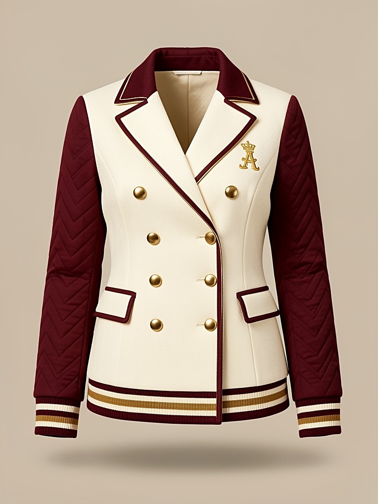 Tailored Peacoat / Varsity Hybrid — ivory double-breasted body with burgundy-trimmed notch lapels and pockets, gold buttons, a gold crowned-A chest crest, chevron-quilted oxblood sleeves and a striped varsity rib hem