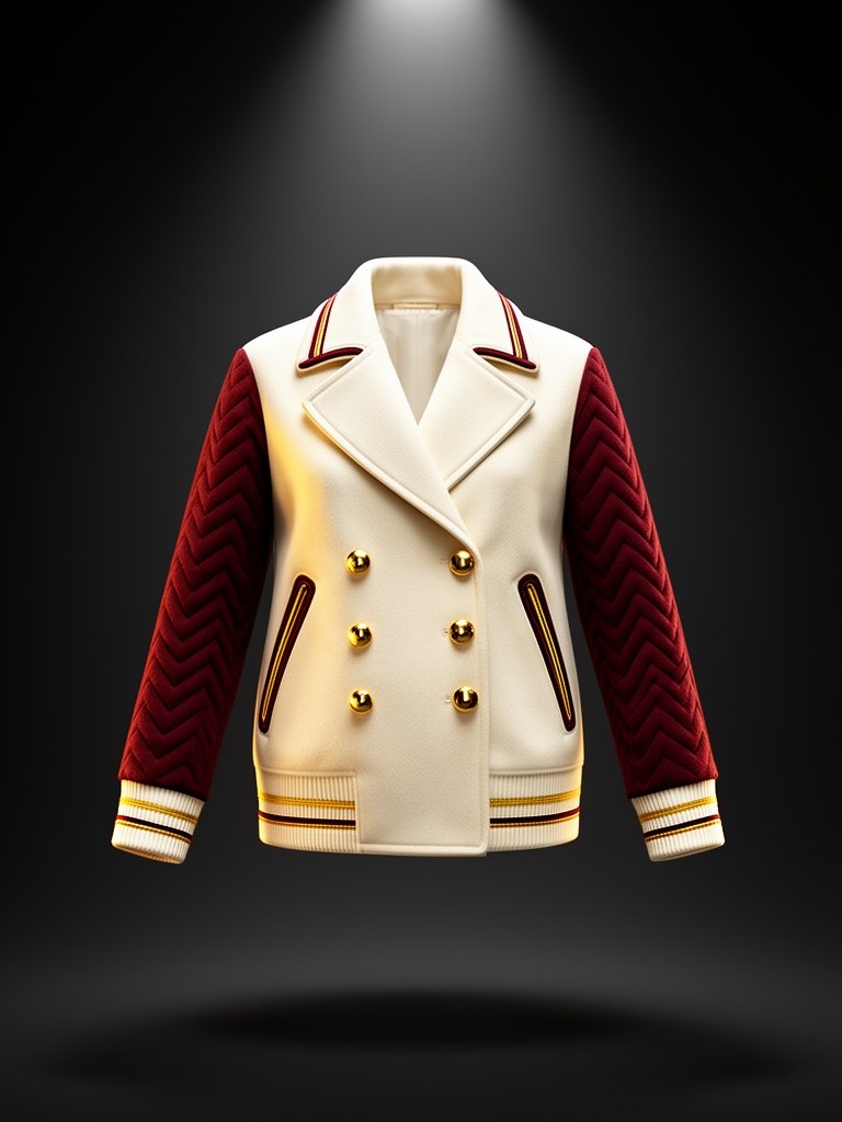 Tailored Peacoat / Varsity Hybrid — ivory wool body, chevron-quilted oxblood sleeves, gold buttons, varsity rib hem