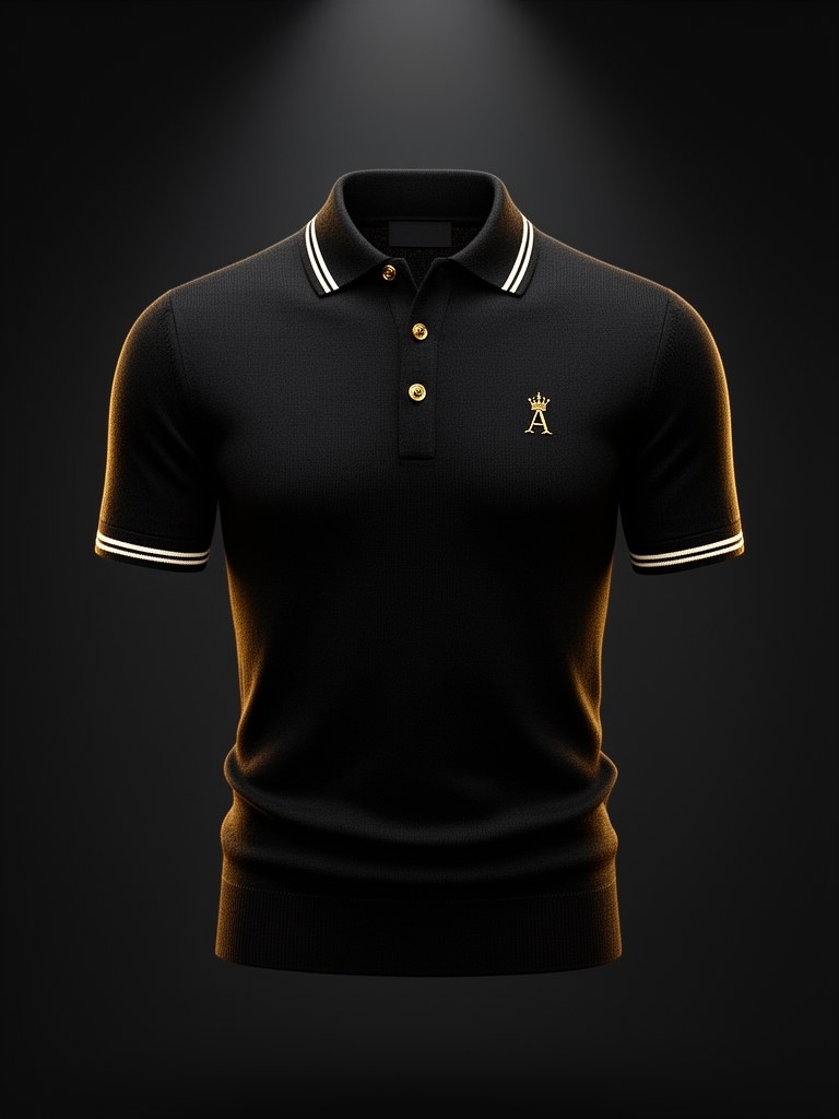 Signature Polo — black merino knit with ivory collar tipping, gold buttons and crowned-A embroidery