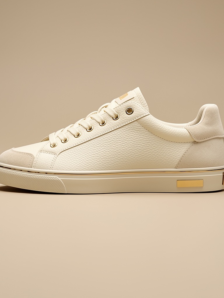 Luxury Sneaker — cream pebbled-leather low-top with gold eyelets, gold midsole trim and a gold heel plate