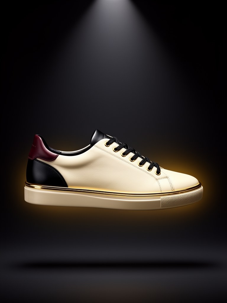Luxury Sneaker — ivory leather low-top with noir heel counter, gold midsole line and oxblood heel tab