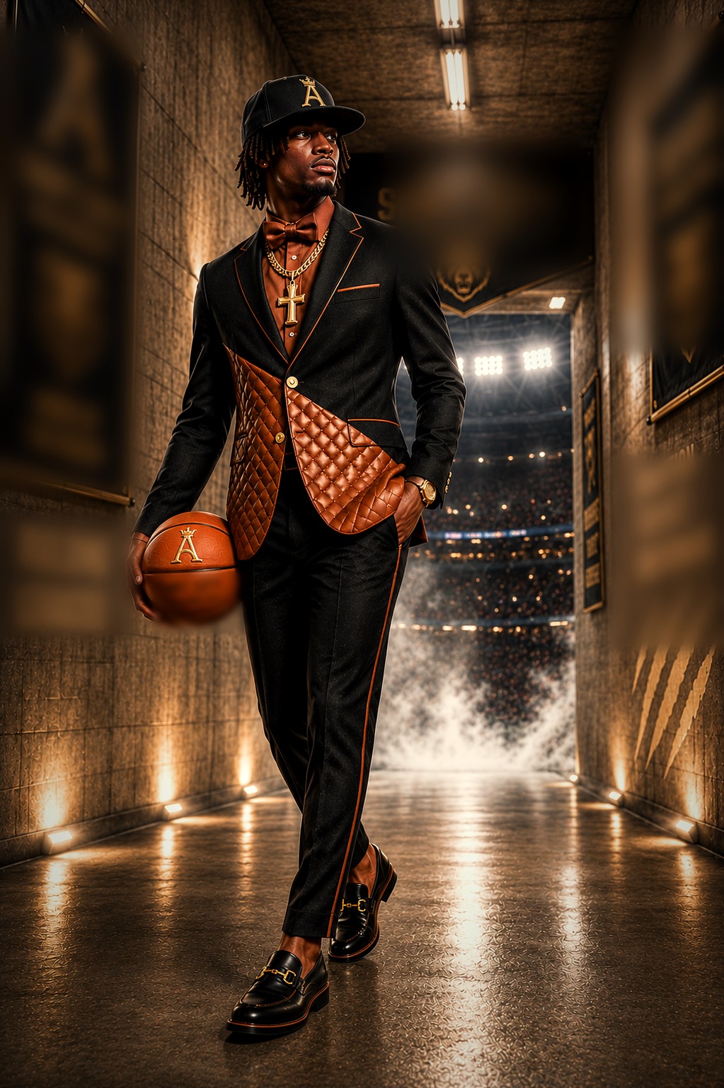 The Sport — the black and cognac tailored look with a quilted panel and the crowned A, worn in the arena tunnel