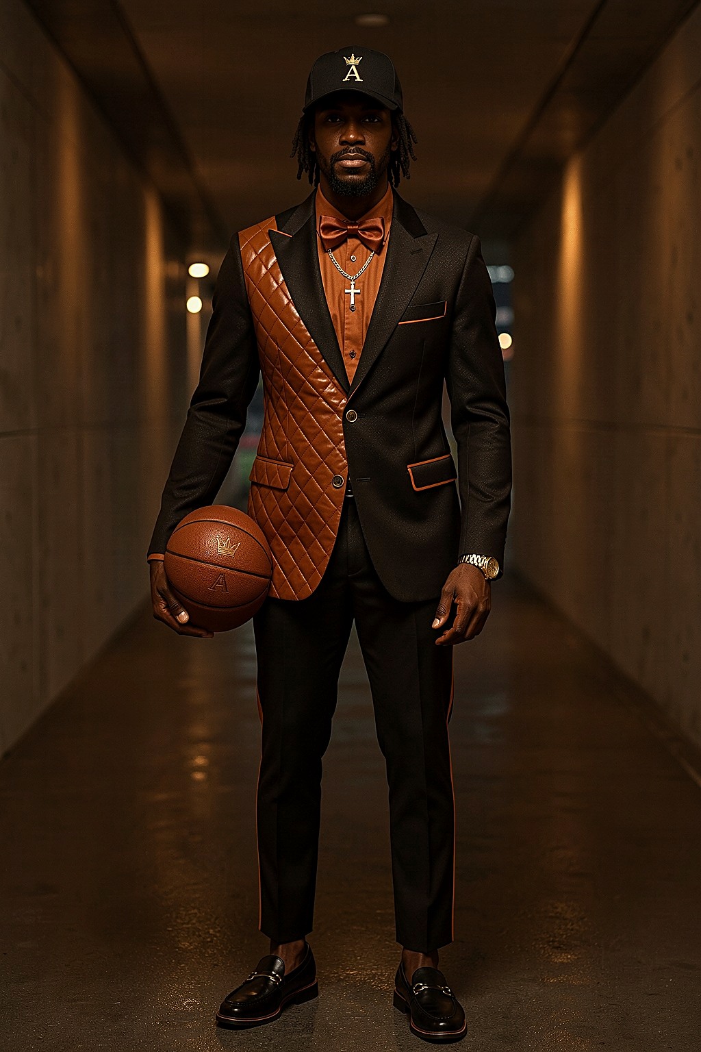 The Sport — the black and cognac tailored look with a quilted panel and the crowned A, worn in the arena tunnel