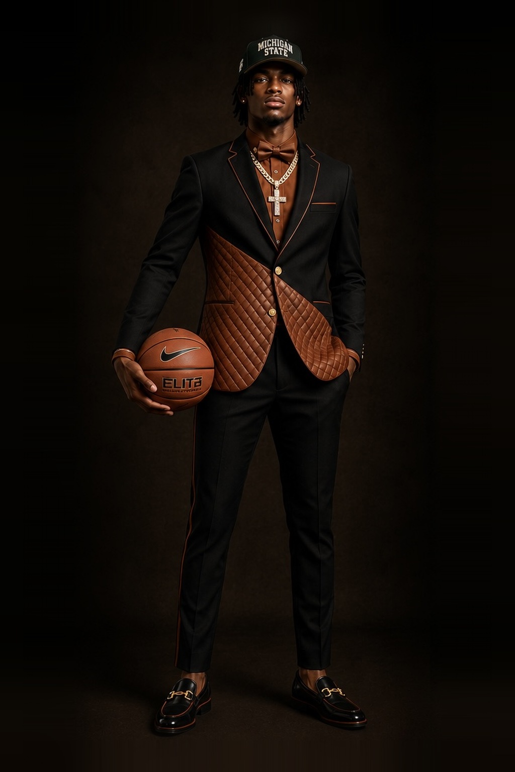 The Sport — the black and cognac tailored look with a quilted panel, worn with a basketball
