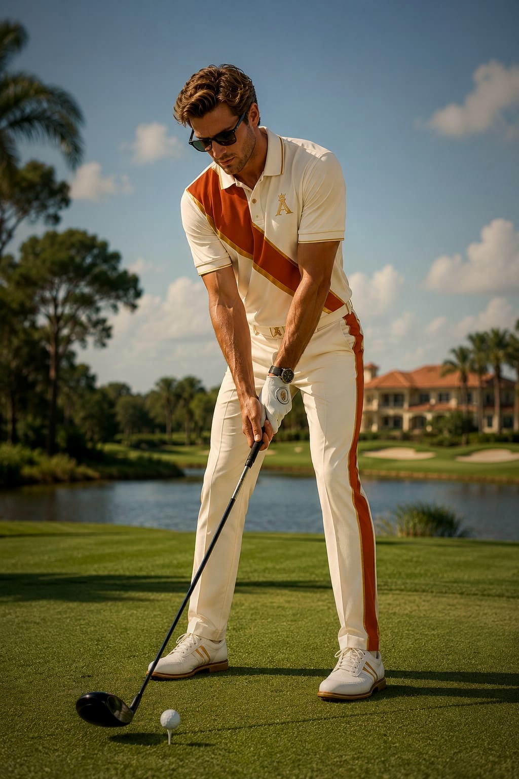 The Sport — the cream and rust golf look with a diagonal sash and the crowned A, worn on the green